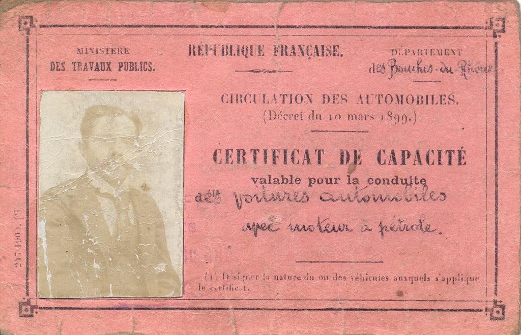 Certificat de capacité de conduite de voitures automobiles avec moteur à pétrole au nom de Marius Amédée Louis BAUDOIN-THUS ©Domaine Saint-Antonin - Association TOUN