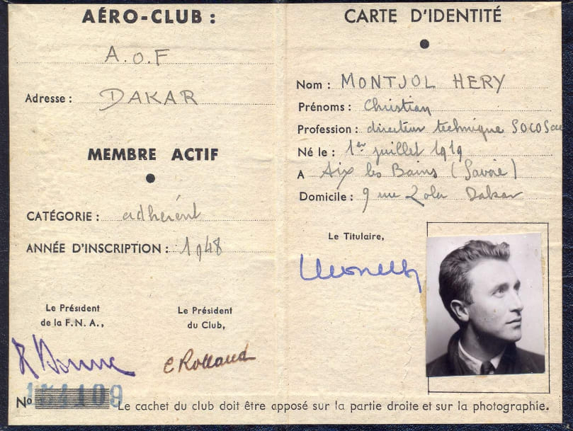 Carte de membre de l'aéro-club de Dakar délivrée en 1948 au nom de Christian Montjol. © Domaine Saint-Antonin