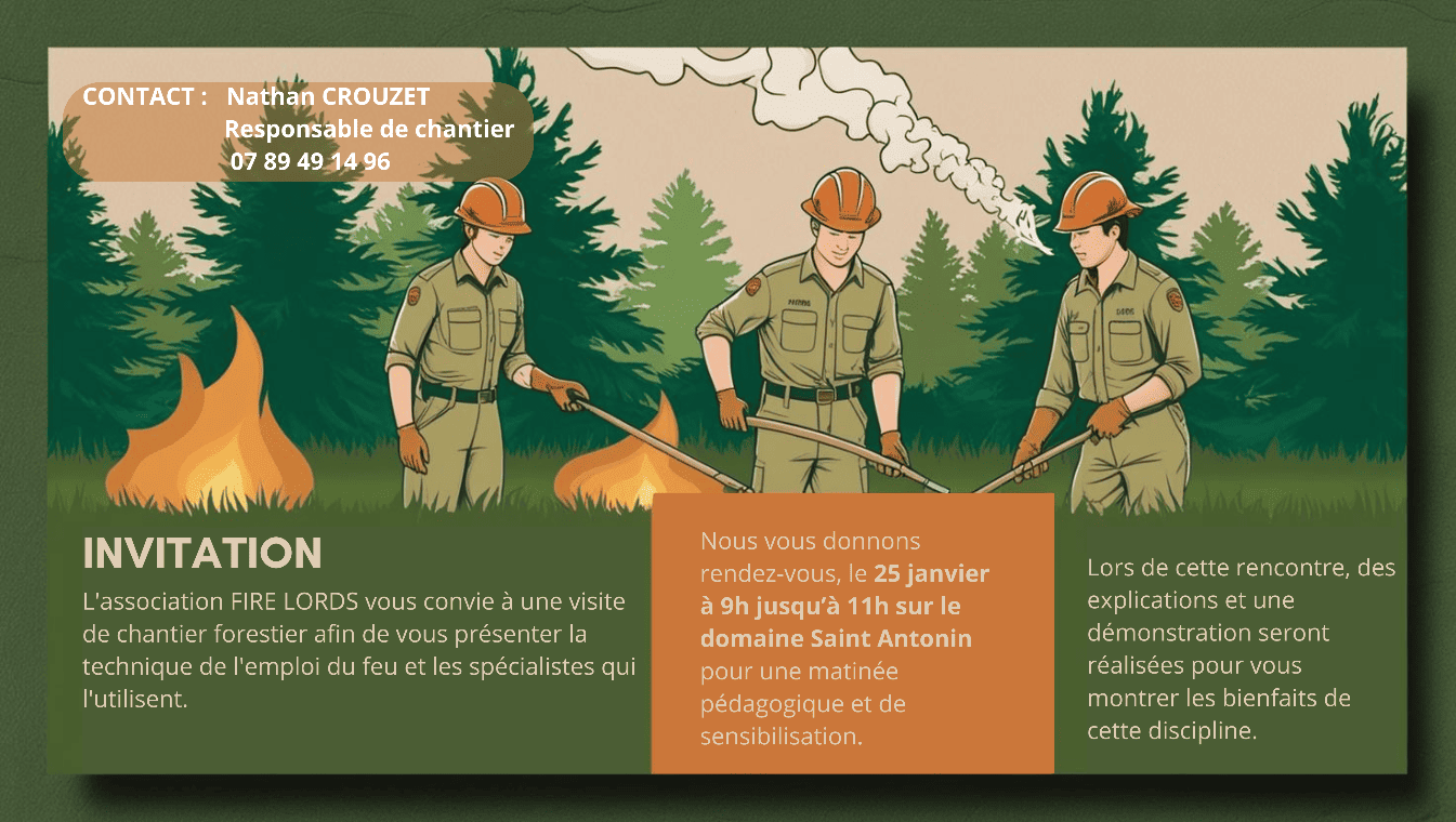 Carton d'invitation à l'écobuage de Saint-Antonin par FIRE LORDS, en 2025.