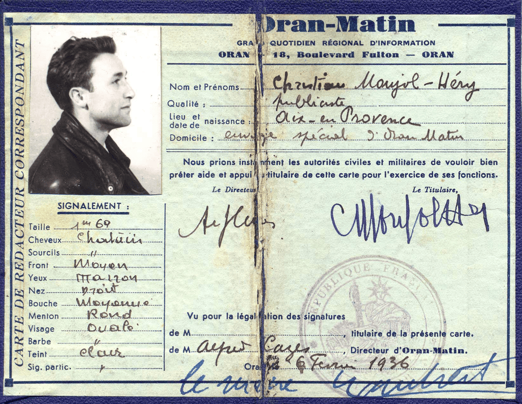Carte de correspondant pour Oran-Matin délivrée en 1936  au nom de Christian MONTJOL-HERY. © Domaine Saint-Antonin